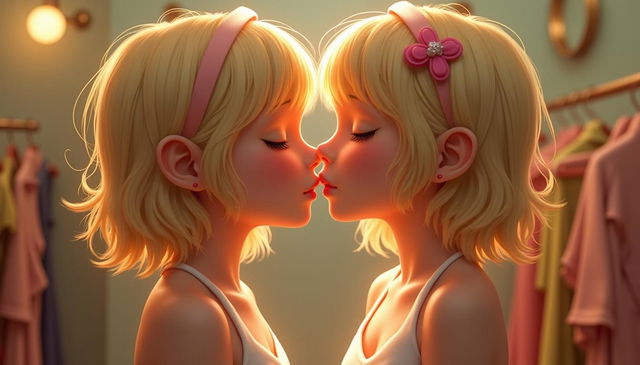 A heartwarming image of two tween girls with thin builds and short blonde hair, facing each other in a fitting room