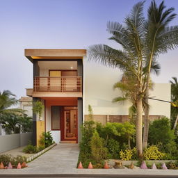 Generate a north-facing house featuring two bedrooms, a guest room, a kitchen, a washroom, a bathroom, a dedicated pooja room, a hall, and a staircase.