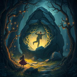 A captivating illustration for a YouTube video thumbnail that captures the essence of a fairy tale about a magical rock in an enchanted forest