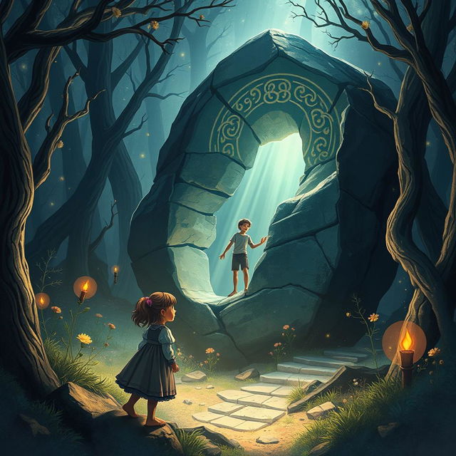 A captivating illustration for a YouTube video thumbnail that captures the essence of a fairy tale about a magical rock in an enchanted forest