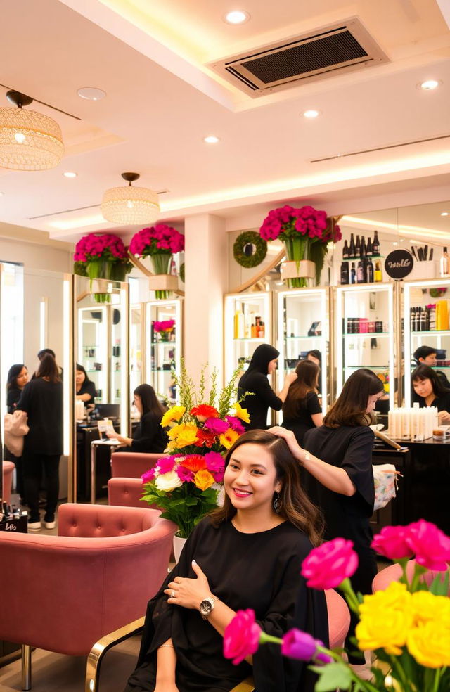 A vibrant and welcoming beauty parlour interior showcasing stylish decor, with elegant mirrors reflecting soft lighting, plush seating arrangements, and a variety of beauty products displayed on sleek shelves