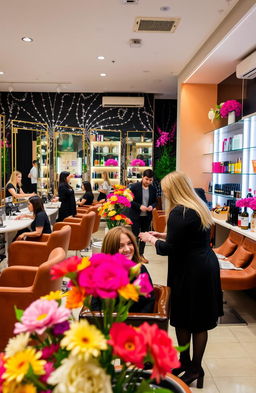 A vibrant and welcoming beauty parlour interior showcasing stylish decor, with elegant mirrors reflecting soft lighting, plush seating arrangements, and a variety of beauty products displayed on sleek shelves