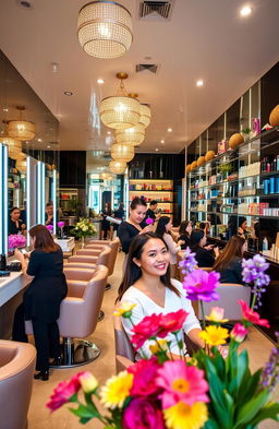 A vibrant and welcoming beauty parlour interior showcasing stylish decor, with elegant mirrors reflecting soft lighting, plush seating arrangements, and a variety of beauty products displayed on sleek shelves