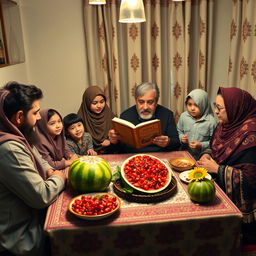 A cozy family gathering during Shab-e Yalda in a 18-square-meter room