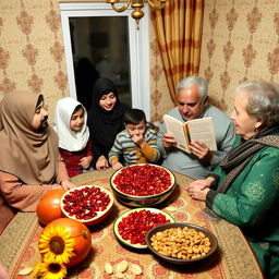 A cozy family gathering during Shab-e Yalda in a 18-square-meter room