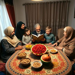 A cozy family gathering during Shab-e Yalda in a 18-square-meter room