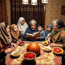 A cozy family gathering during Shab-e Yalda in a 18-square-meter room