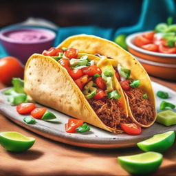 A high-quality coloured pastel drawing featuring a tantalizing taco