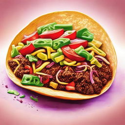 A high-quality coloured pastel drawing featuring a tantalizing taco