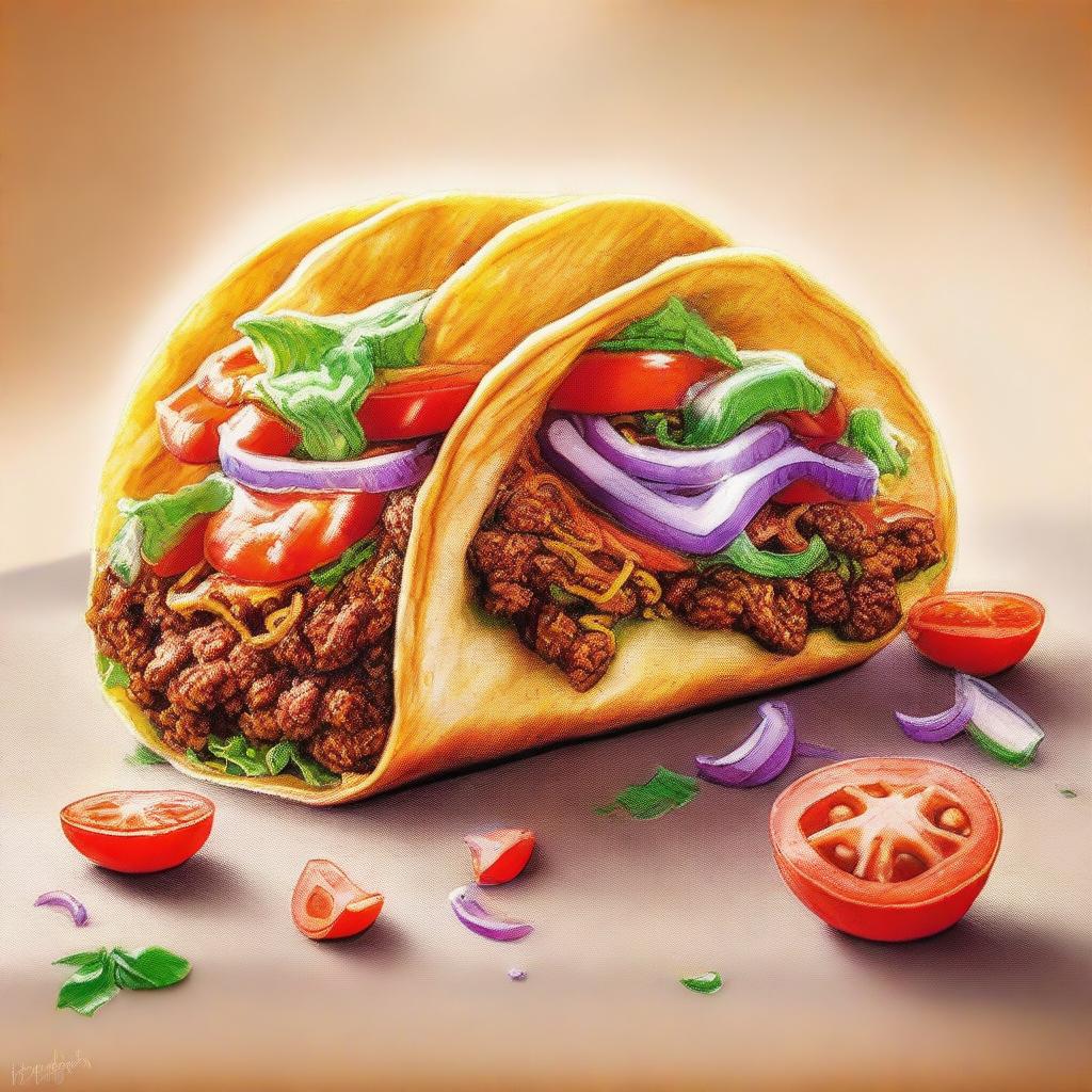 A high-quality coloured pastel drawing featuring a tantalizing taco