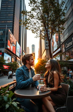 A romantic scene set in a bustling modern city, where a stylish couple is enjoying a serene moment together in a cozy outdoor café