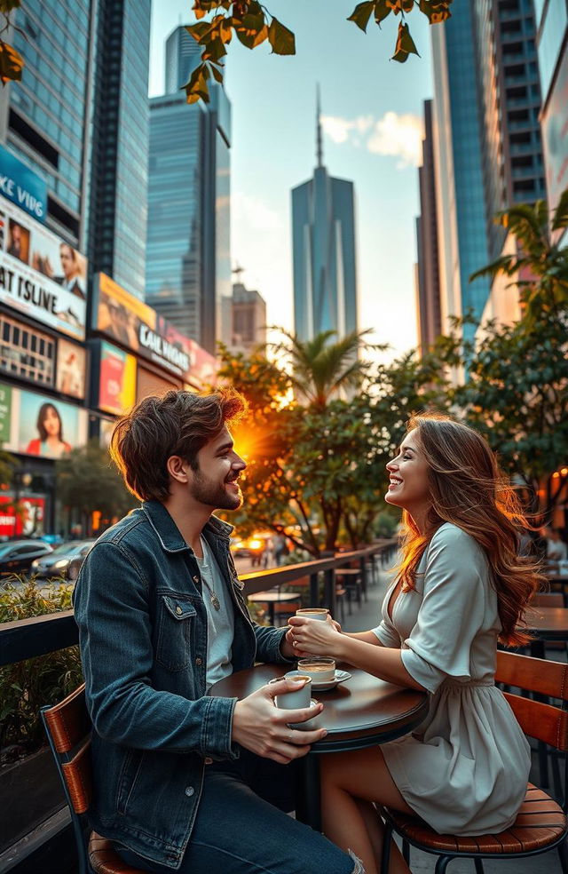 A romantic scene set in a bustling modern city, where a stylish couple is enjoying a serene moment together in a cozy outdoor café