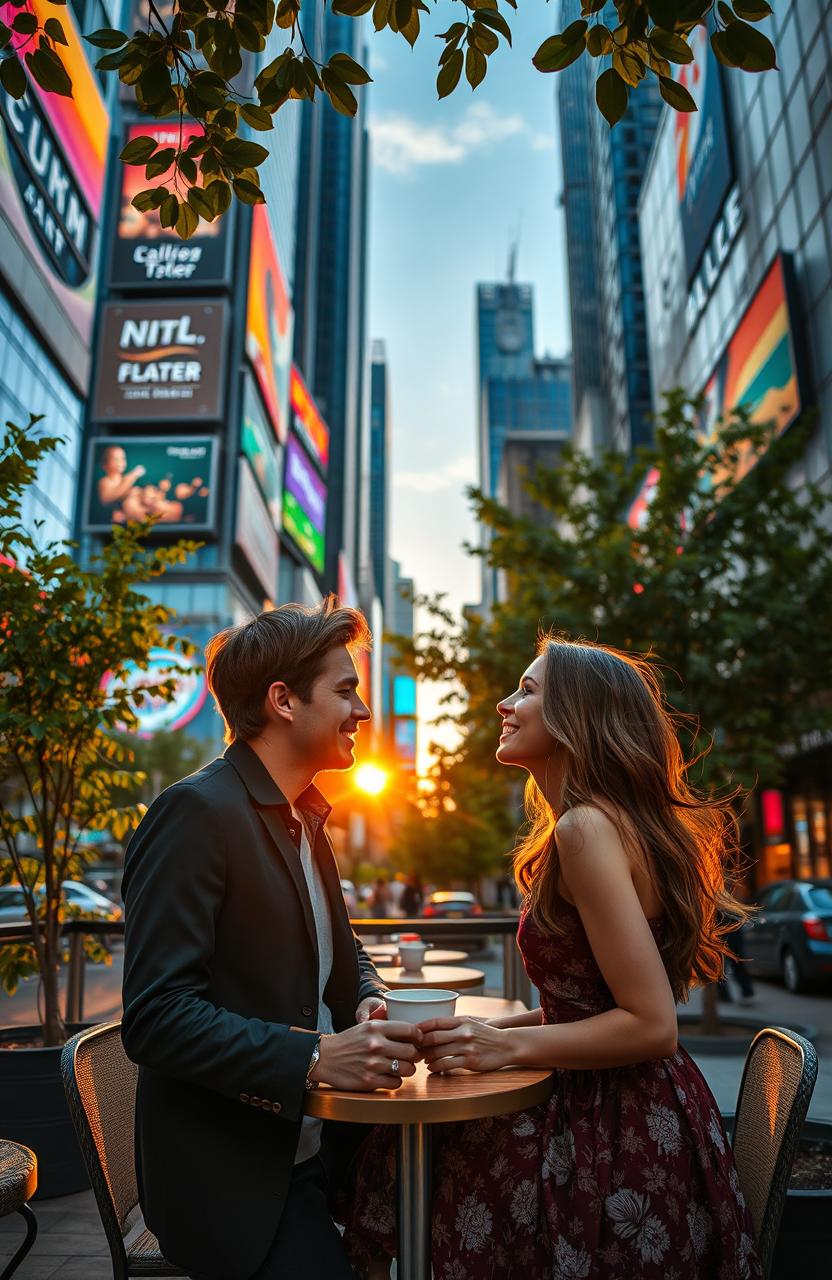 A romantic scene set in a bustling modern city, where a stylish couple is enjoying a serene moment together in a cozy outdoor café