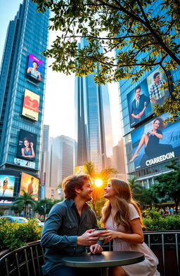 A romantic scene set in a bustling modern city, where a stylish couple is enjoying a serene moment together in a cozy outdoor café