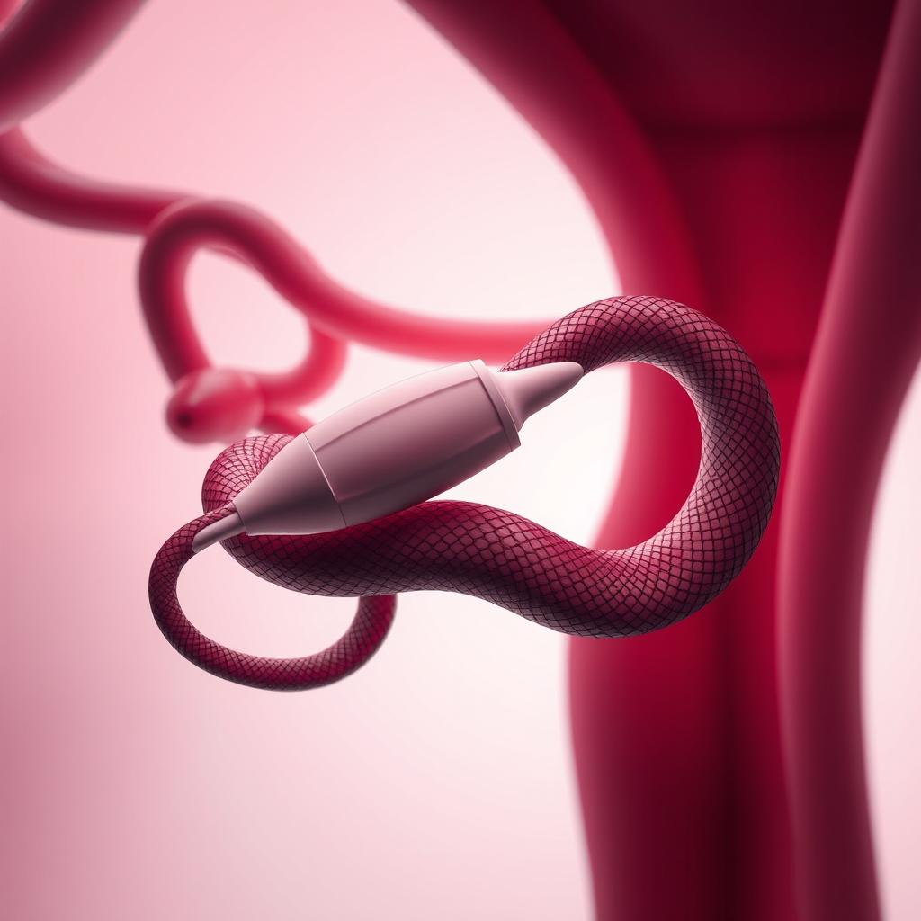 A surreal and imaginative depiction of an intrauterine device (IUD) situated inside a uterus, artistically transforming into a snake