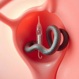 A surreal and imaginative depiction of an intrauterine device (IUD) situated inside a uterus, artistically transforming into a snake