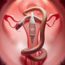 A surreal and imaginative depiction of an intrauterine device (IUD) situated inside a uterus, artistically transforming into a snake