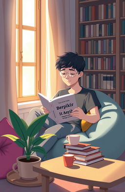 A relaxing and inviting scene depicting a cozy reading nook with a person immersed in a book titled "Berpikir Itu Asyik - Mengupas Logika dengan Santai"