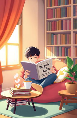 A relaxing and inviting scene depicting a cozy reading nook with a person immersed in a book titled "Berpikir Itu Asyik - Mengupas Logika dengan Santai"