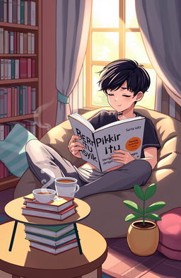 A relaxing and inviting scene depicting a cozy reading nook with a person immersed in a book titled "Berpikir Itu Asyik - Mengupas Logika dengan Santai"