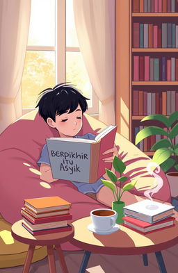 A relaxing and inviting scene depicting a cozy reading nook with a person immersed in a book titled "Berpikir Itu Asyik - Mengupas Logika dengan Santai"