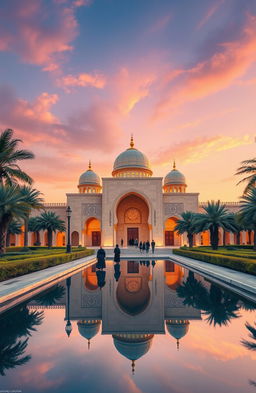 A tranquil scene of an Islamic architecture, featuring a grand mosque with intricate geometric patterns on its walls and domes, surrounded by beautiful gardens and palm trees