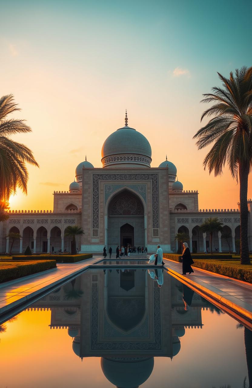 A tranquil scene of an Islamic architecture, featuring a grand mosque with intricate geometric patterns on its walls and domes, surrounded by beautiful gardens and palm trees