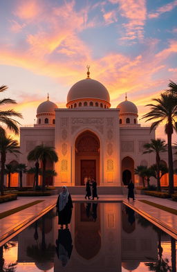 A tranquil scene of an Islamic architecture, featuring a grand mosque with intricate geometric patterns on its walls and domes, surrounded by beautiful gardens and palm trees