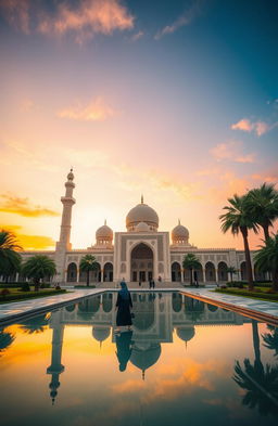 A tranquil scene of an Islamic architecture, featuring a grand mosque with intricate geometric patterns on its walls and domes, surrounded by beautiful gardens and palm trees