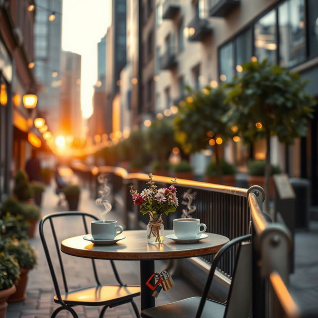 A charming urban scene evocative of a modern city love story, featuring a beautifully arranged outdoor café table for two, set on a quaint street lined with plants and string lights