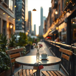 A charming urban scene evocative of a modern city love story, featuring a beautifully arranged outdoor café table for two, set on a quaint street lined with plants and string lights