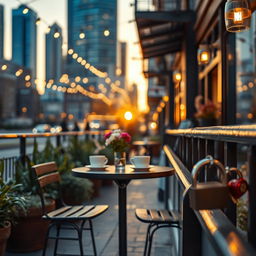 A charming urban scene evocative of a modern city love story, featuring a beautifully arranged outdoor café table for two, set on a quaint street lined with plants and string lights