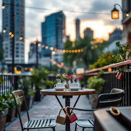 A charming urban scene evocative of a modern city love story, featuring a beautifully arranged outdoor café table for two, set on a quaint street lined with plants and string lights