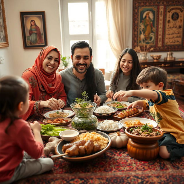 A warm and inviting scene of an Iranian family gathered around a traditional Persian rug, sharing a meal