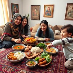A warm and inviting scene of an Iranian family gathered around a traditional Persian rug, sharing a meal