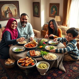 A warm and inviting scene of an Iranian family gathered around a traditional Persian rug, sharing a meal