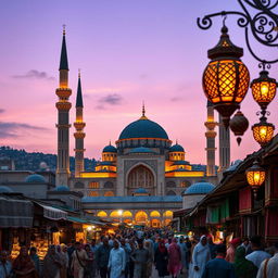 A captivating view of an Islamic cityscape at dusk, showcasing a majestic mosque with its towering minarets and a large dome illuminated by warm lights