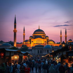 A captivating view of an Islamic cityscape at dusk, showcasing a majestic mosque with its towering minarets and a large dome illuminated by warm lights