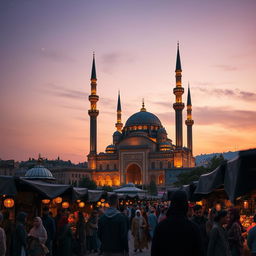 A captivating view of an Islamic cityscape at dusk, showcasing a majestic mosque with its towering minarets and a large dome illuminated by warm lights