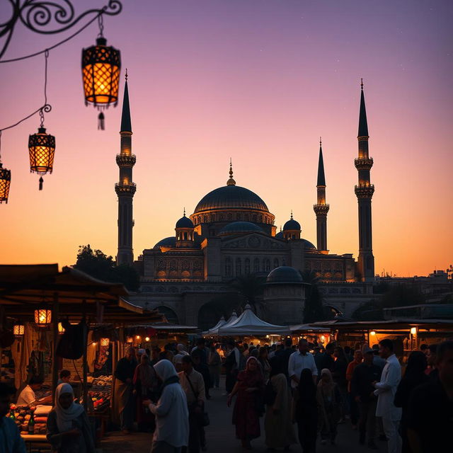 A captivating view of an Islamic cityscape at dusk, showcasing a majestic mosque with its towering minarets and a large dome illuminated by warm lights