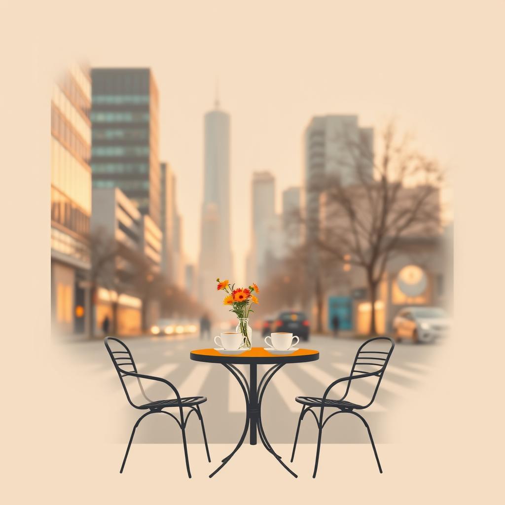 A beautifully minimalistic urban scene representing a modern city love story, featuring a charming outdoor café with a small round table set for two, topped with a single vase of bright flowers and two empty coffee cups