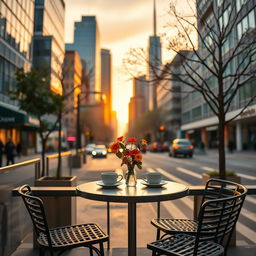 A beautifully minimalistic urban scene representing a modern city love story, featuring a charming outdoor café with a small round table set for two, topped with a single vase of bright flowers and two empty coffee cups