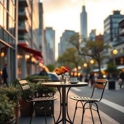 A beautifully minimalistic urban scene representing a modern city love story, featuring a charming outdoor café with a small round table set for two, topped with a single vase of bright flowers and two empty coffee cups