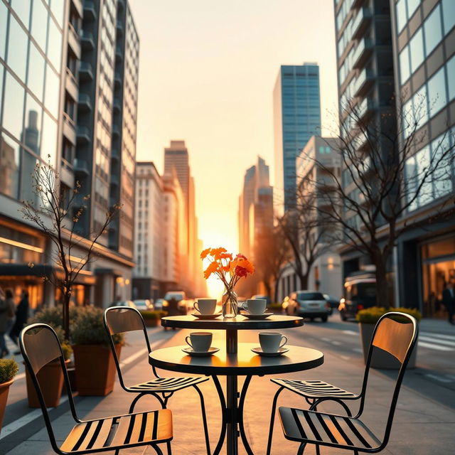 A beautifully minimalistic urban scene representing a modern city love story, featuring a charming outdoor café with a small round table set for two, topped with a single vase of bright flowers and two empty coffee cups