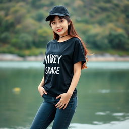 A beautiful Korean woman posing elegantly and attractively, wearing a black t-shirt with a graphic of Mikey's text, named Min Park Grace