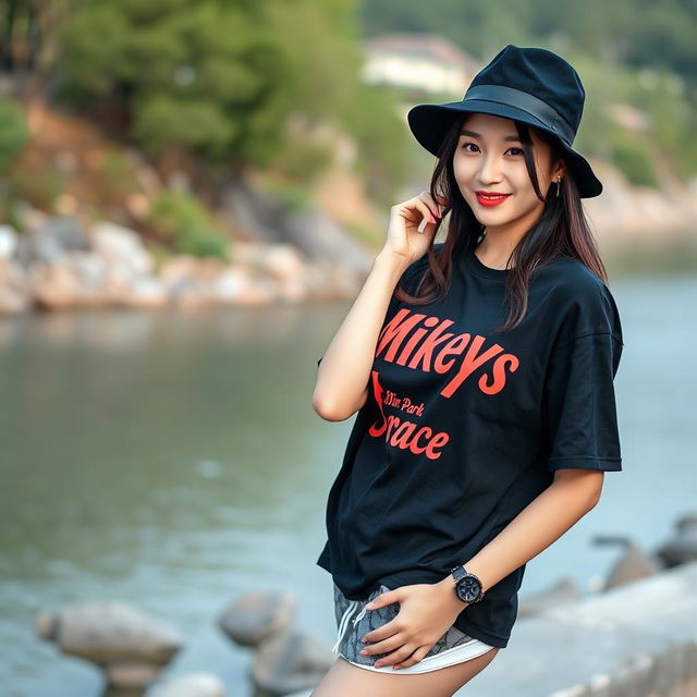 A beautiful Korean woman posing elegantly and attractively, wearing a black t-shirt with a graphic of Mikey's text, named Min Park Grace