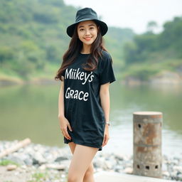 A beautiful Korean woman posing elegantly and attractively, wearing a black t-shirt with a graphic of Mikey's text, named Min Park Grace