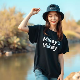 A beautiful Korean woman posing elegantly and attractively, wearing a black t-shirt with a graphic of Mikey's text, named Min Park Grace