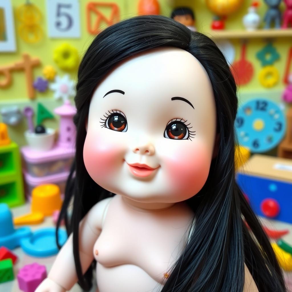 A full doll with big cheeks and smiling lips, featuring naked black hair and white skin