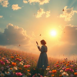 A captivating scene that embodies the essence of poetry, featuring an ethereal landscape filled with colorful flowers and soft, dreamy clouds above